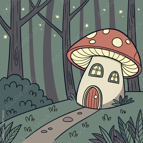 A charming illustration depicting a mushroom house nestled amidst a whimsical forest, complete with twinkling lights, a winding path, and lush greenery.