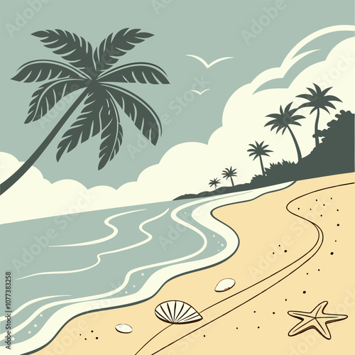 A serene beach scene with palm trees, sandy shores, and sparkling blue waters. Perfect for evoking feelings of relaxation, vacation, and tropical paradise. Ideal for travel brochures, websites.