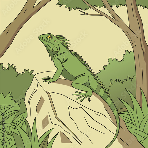 A vibrant illustration featuring an iguana perched on a rock, surrounded by lush greenery. This captivating image captures the beauty of nature and the fascinating world of reptiles.