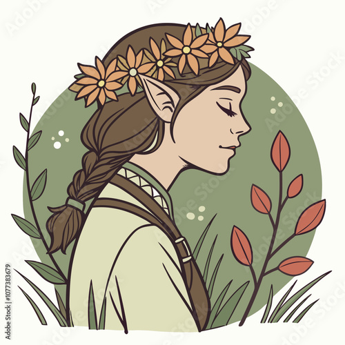 A beautiful illustration of an elf woman with a floral crown, closed eyes, and a braid. Surrounded by nature, she radiates serenity and connection to the forest. Perfect for fantasy art.