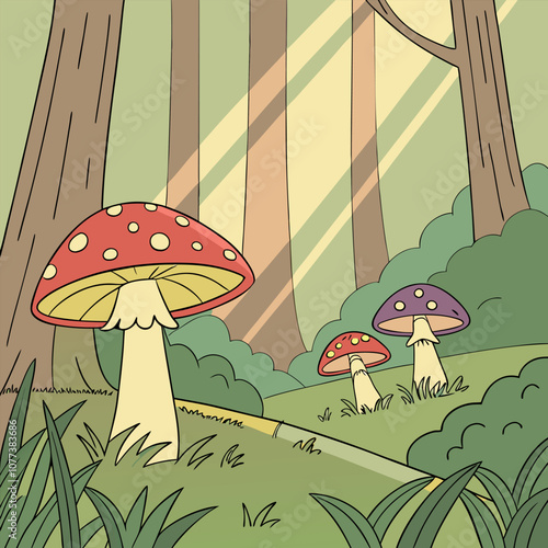 A whimsical illustration of mushrooms growing in a sunny forest clearing. Perfect for adding a touch of nature to your designs, this illustration is ideal for children's books.