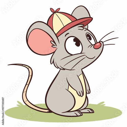 A cute cartoon mouse wearing a cap, looking up with a big smile, perfect for children's books, illustrations, and designs.