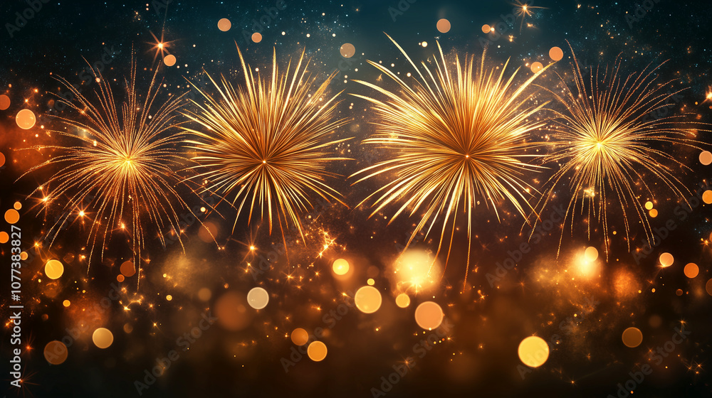 Abstract gold glitter texture with radiant fireworks exploding across the top and soft bokeh, background with golden glowing sparkles for New Year or Christmas Eve postcard with copy space for text Abstract gold glitter texture with radiant fireworks exploding across the top and soft bokeh, background with golden glowing sparkles for New Year or Christmas Eve postcard with copy space for text