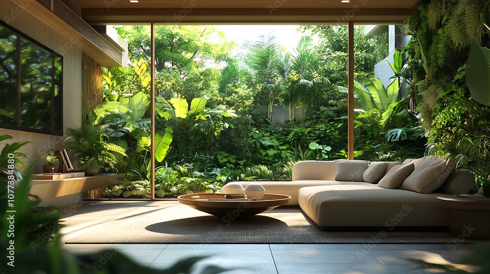 Fototapeta premium Modern room interior with large windows showcasing lush garden and greenery picture