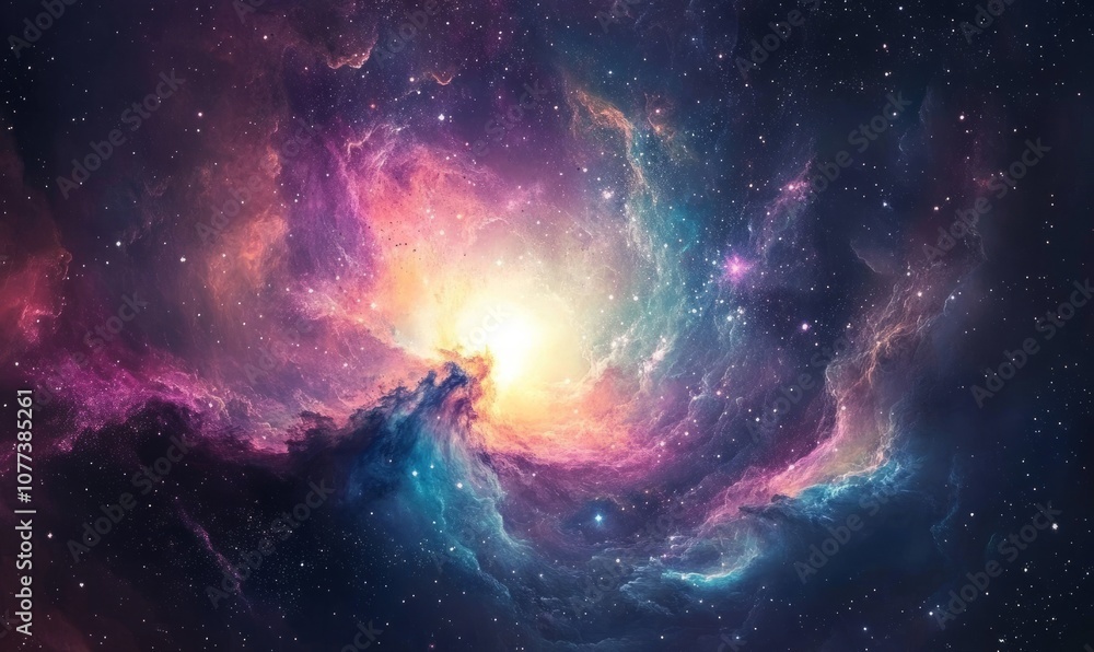 Obraz premium A vibrant, swirling nebula with a bright white center. The nebula is filled with a variety of colors, including blue, purple, pink, and yellow.