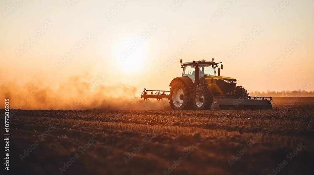 Fototapeta premium A tractor working a field at sunset with dust kicked up behind it.