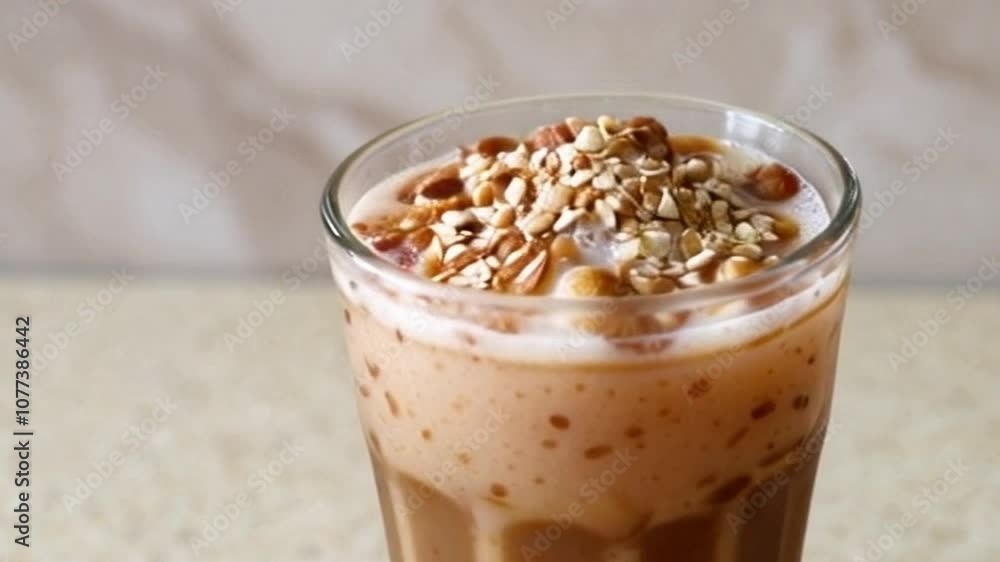 close-up of iced coffee smoothie made with coffee, oat milk, and oats topping, refreshing iced coffee smoothie with oat milk and oats on a neutral kitchen counter close-up of iced coffee smoothie made with coffee, oat milk, and oats topping, refreshing iced coffee smoothie with oat milk and oats on a neutral kitchen counter