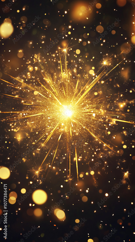 Abstract gold glitter texture with radiant fireworks exploding across the top and soft bokeh, background with golden glowing sparkles for New Year or Christmas Eve postcard with copy space for text Abstract gold glitter texture with radiant fireworks exploding across the top and soft bokeh, background with golden glowing sparkles for New Year or Christmas Eve postcard with copy space for text