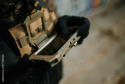 Wallpaper Mural Soldier wearing tactical vest holding empty phone case Torontodigital.ca