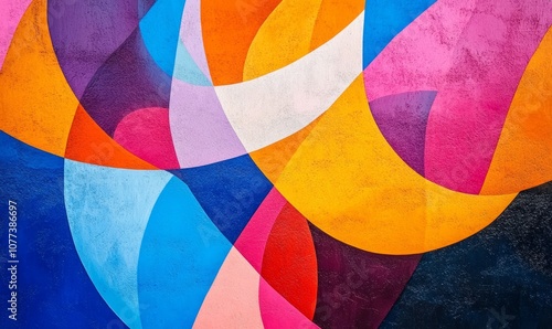 Abstract geometric background with overlapping and interlocking shapes in vibrant colors including orange, blue, pink, and purple.