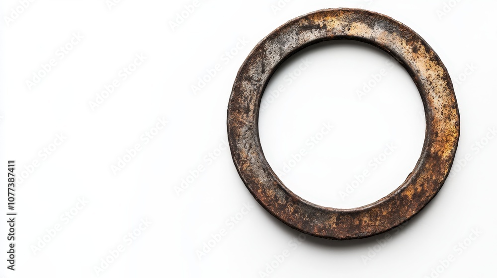 Rusty metal ring on minimalistic white background: industrial decay aesthetic Rusty metal ring on minimalistic white background: industrial decay aesthetic