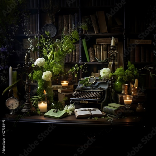 there is a typewriter and a bunch of flowers on a desk photo