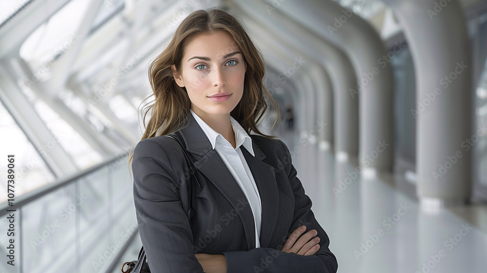 Mujer ejecutiva en un aeropuerto moderno con luz natural Mujer ejecutiva en un aeropuerto moderno con luz natural