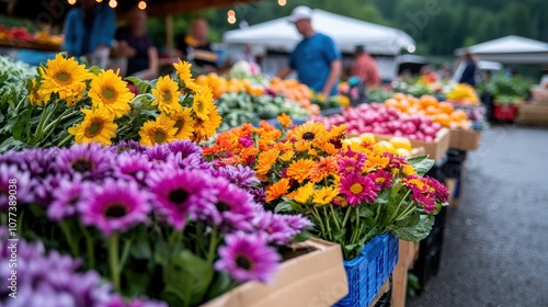 A vibrant display of colorful flowers, including sunflowers, daisies, and chrysanthemums, decorates an outdoor market stall, creating a lively, festive atmosphere.