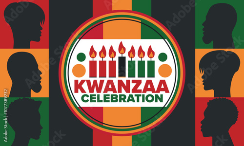 Kwanzaa Happy Celebration. African and African-American culture holiday. Seven days festival, celebrate annual from December 26 to January 1. Black history. Poster, card, banner and background. Vector