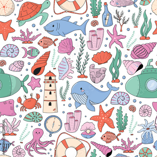 Sea doodles, ocean life cartoon elements seamless pattern for nursery prints, wallpaper, bedding, textile, scrapbooking, digital paper, backgrounds, banners, etc. EPS 10