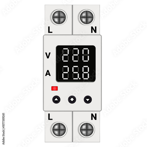 Modular voltage monitoring relay for DIN rail mounting. Voltage relay with digital display and control buttons