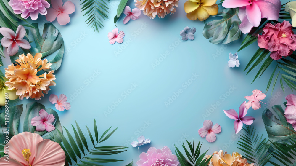 Fototapeta premium Floral frame with soft pastel flowers surrounding a turquoise background, creating a gentle and romantic atmosphere