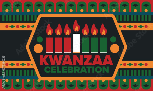 Kwanzaa Happy Celebration. African and African-American culture holiday. Seven days festival, celebrate annual from December 26 to January 1. Black history. Poster, card, banner and background. Vector