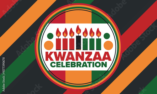 Kwanzaa Happy Celebration. African and African-American culture holiday. Seven days festival, celebrate annual from December 26 to January 1. Black history. Poster, card, banner and background. Vector