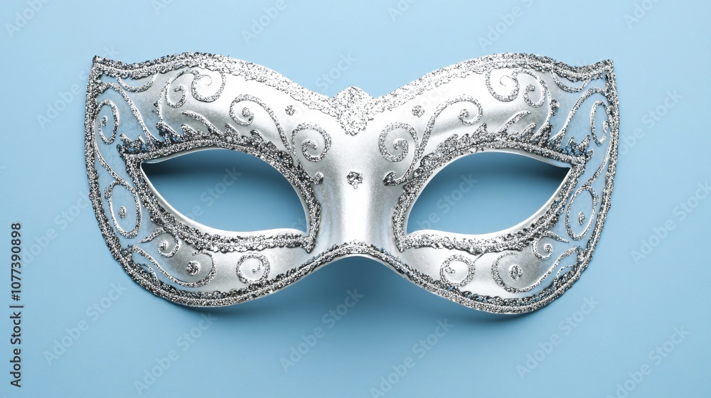 Bright, glittering silver New Year's masquerade mask with intricate patterns, isolated on a soft blue background Bright, glittering silver New Year's masquerade mask with intricate patterns, isolated on a soft blue background
