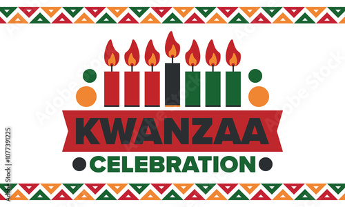 Kwanzaa Happy Celebration. African and African-American culture holiday. Seven days festival, celebrate annual from December 26 to January 1. Black history. Poster, card, banner and background. Vector