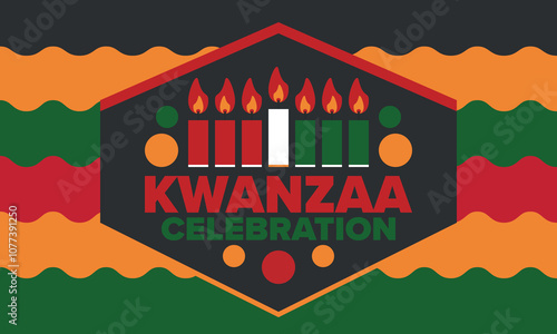 Kwanzaa Happy Celebration. African and African-American culture holiday. Seven days festival, celebrate annual from December 26 to January 1. Black history. Poster, card, banner and background. Vector