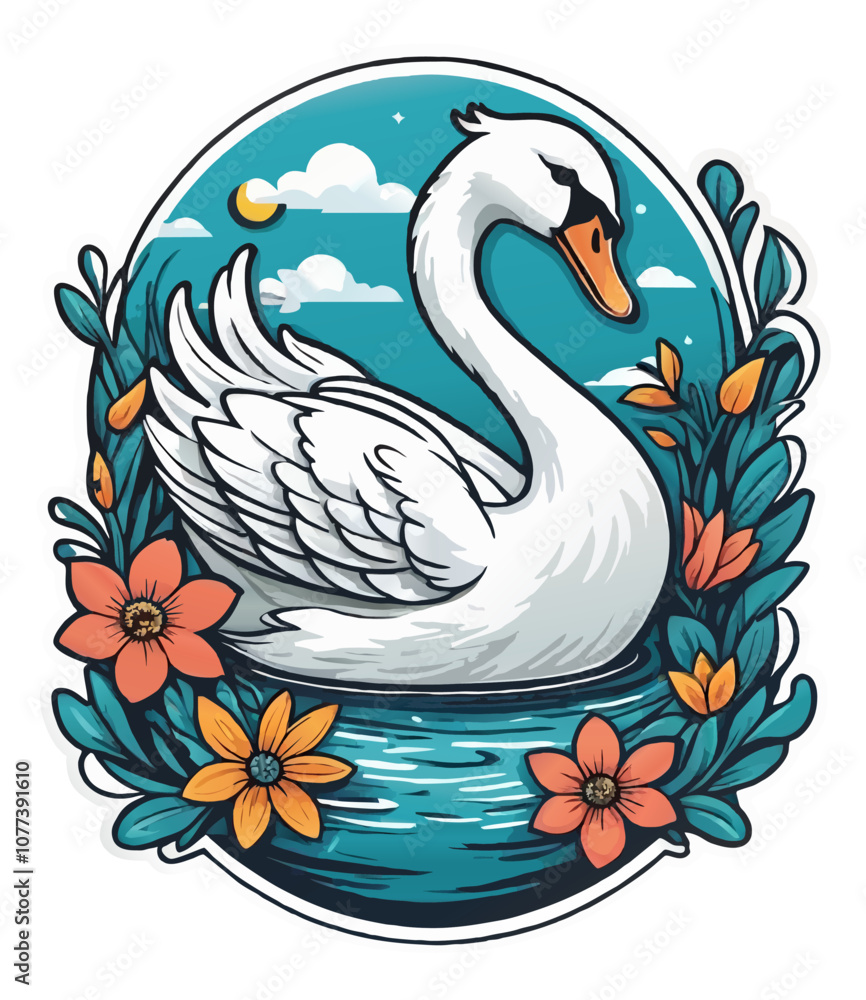 Fototapeta premium swan with flowers ornament sticker