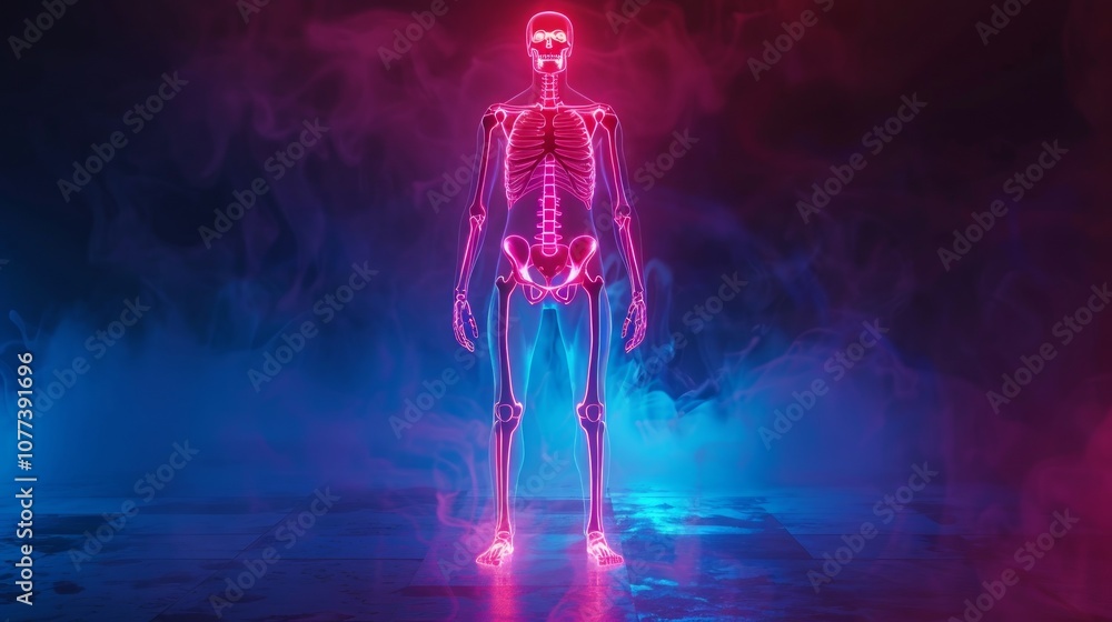 Glowing human skeleton in pink and blue neon light with smoke. Glowing human skeleton in pink and blue neon light with smoke.