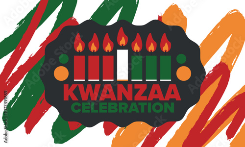 Kwanzaa Happy Celebration. African and African-American culture holiday. Seven days festival, celebrate annual from December 26 to January 1. Black history. Poster, card, banner and background. Vector