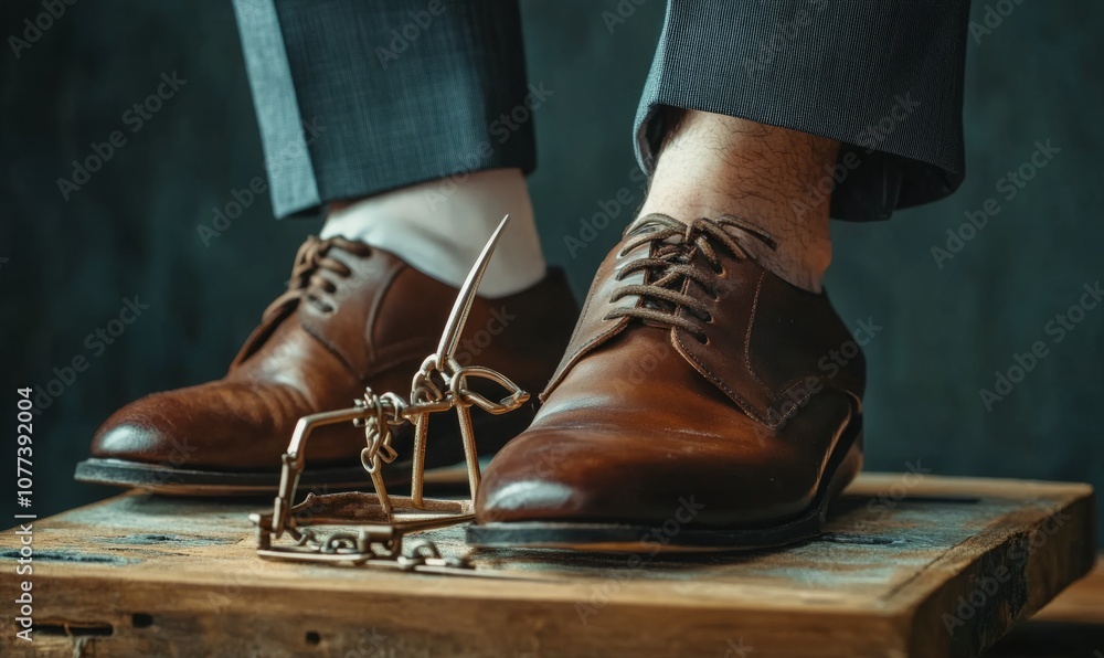 Close-up of a businessman's foot over a bear trap. The concept of problem solving, failure, crisis, crisis management Close-up of a businessman's foot over a bear trap. The concept of problem solving, failure, crisis, crisis management