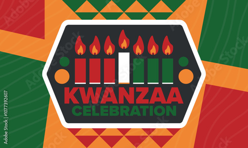 Kwanzaa Happy Celebration. African and African-American culture holiday. Seven days festival, celebrate annual from December 26 to January 1. Black history. Poster, card, banner and background. Vector