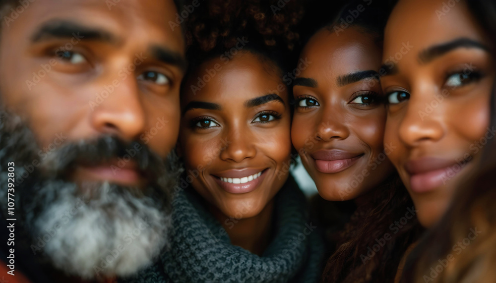 Obraz premium Close-up portrait of four African American individuals with radiant smiles, featuring a bearded man and three women, showcasing natural beauty and genuine expressions.