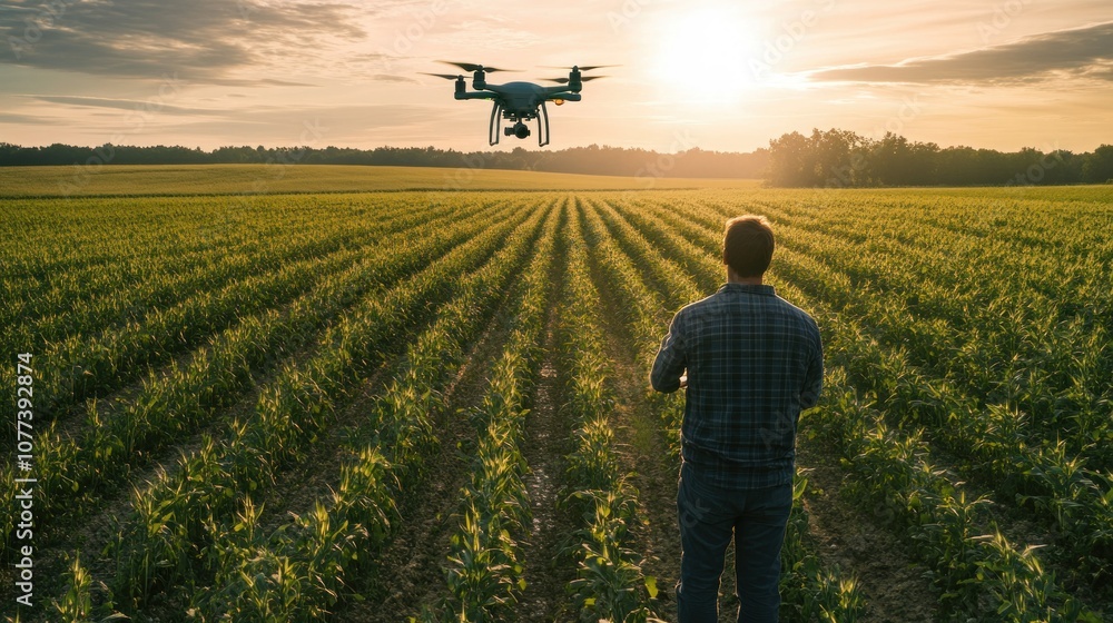 A farmer observes a drone flying over a cornfield at sunset. A farmer observes a drone flying over a cornfield at sunset.