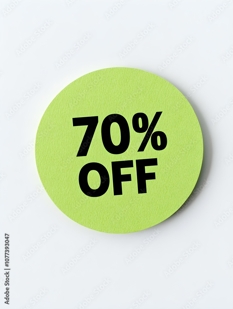 Black '70% OFF' Text on a Green Round Paper Note. White Background Black '70% OFF' Text on a Green Round Paper Note. White Background