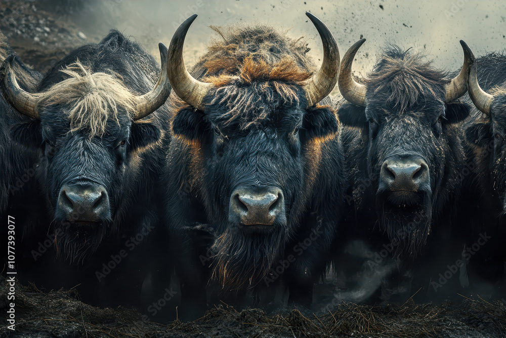 Naklejka premium Yaks Grazing in a Serene Mountainous Landscape at Dawn, Embodying Tranquility and Strength