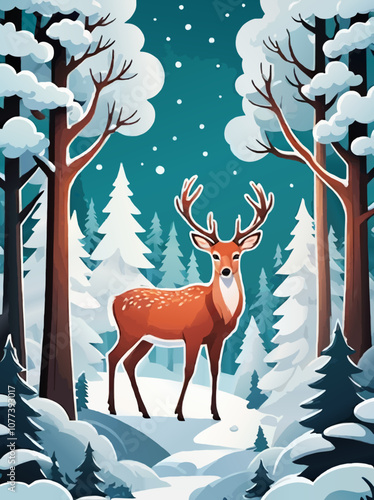 deer in winter forest cartoon