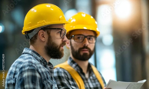 Candid shot of two engineers wearing yellow hard hats, discussing plans or projects
