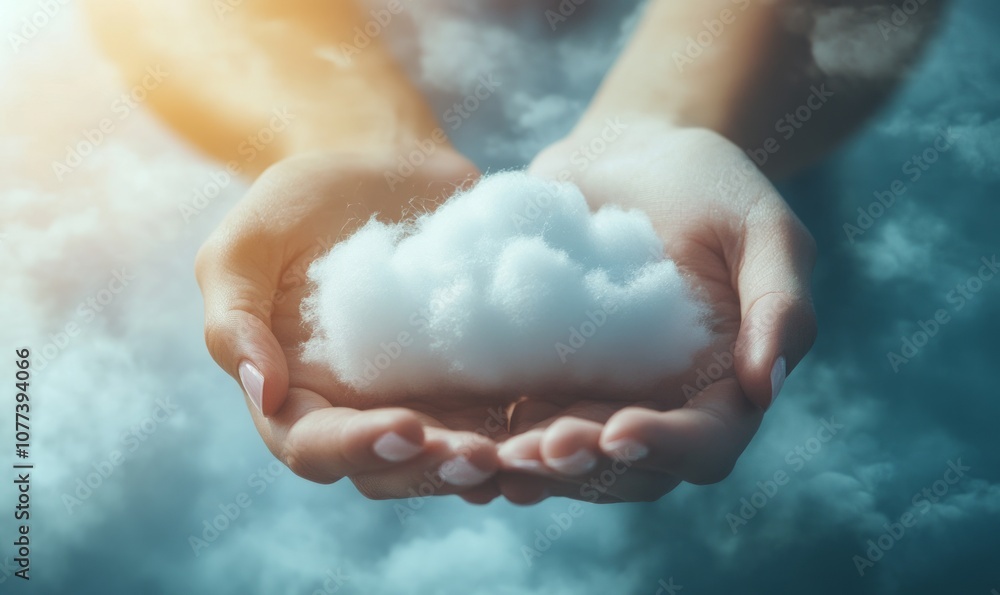 Nurturing hands hold growing cloud, symbolizing hope and dreams Nurturing hands hold growing cloud, symbolizing hope and dreams