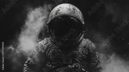 Black and white image of an astronaut surrounded by the mist