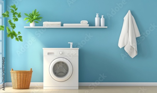 Modern washing machine in laundry room interior. Minimalist laundry room with basket and shelving. Bathroom interior