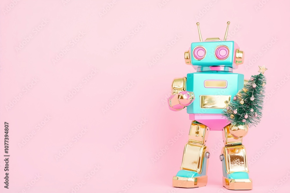 cute pastel color and gold metallic retro style robot holding a Christmas tree on pastel pink background cute pastel color and gold metallic retro style robot holding a Christmas tree on pastel pink background