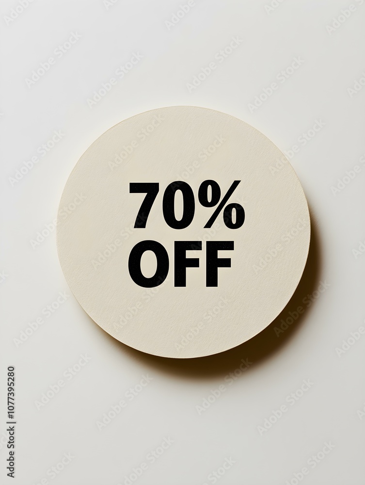 Black '70% OFF' Text on a Ivory Round Paper Note. White Background Black '70% OFF' Text on a Ivory Round Paper Note. White Background