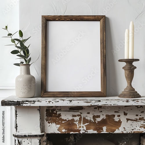 there is a picture frame on a mantle with a candle and a vase photo