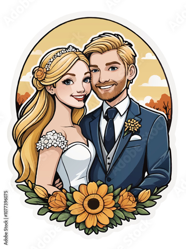 bride and groom on wedding day cartoon vector ornament