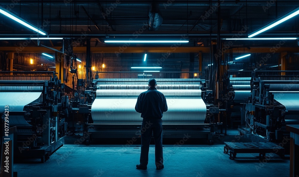 Naklejka premium Industrial weaving machines are symmetrically aligned, illuminated by dim fluorescent lights, while a technician expertly adjusts the threads, capturing a gritty ambiance