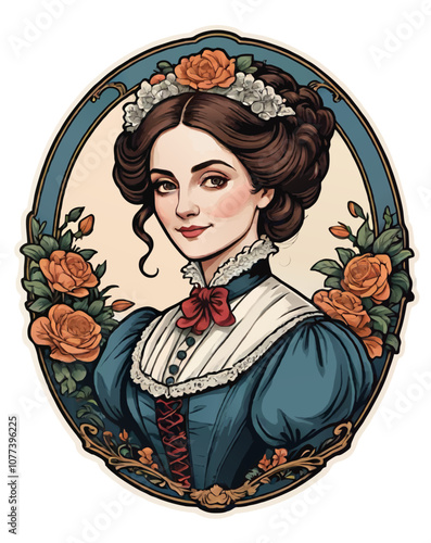 victorian lady in floral frame ornament sticker