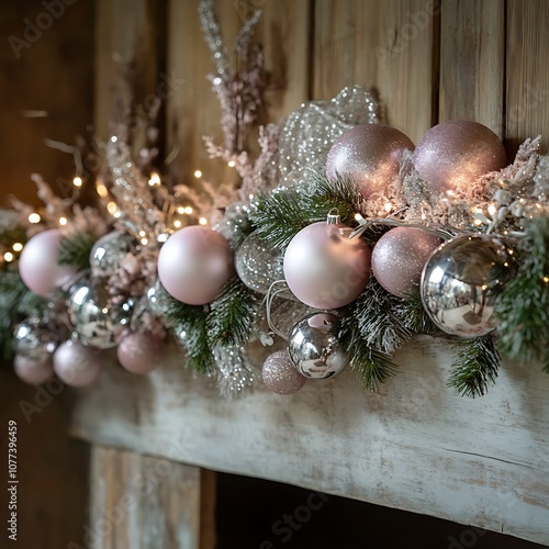 there is a garland of ornaments on a mantle with lights photo