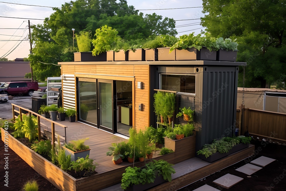 Fototapeta premium arafed container house with a deck and a patio