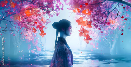 Japanese princess standing on lake shore under blooming sakuras. Postproducted generative AI illustration. photo